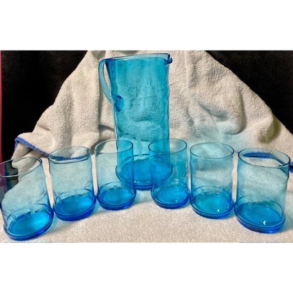 Bamboo Elegant Mid-century Glass Cocktail Pitcher West  West Virginia Glass Pitcher With 6 Glasses 7 Piece Set - Bamboo Pattern Etched